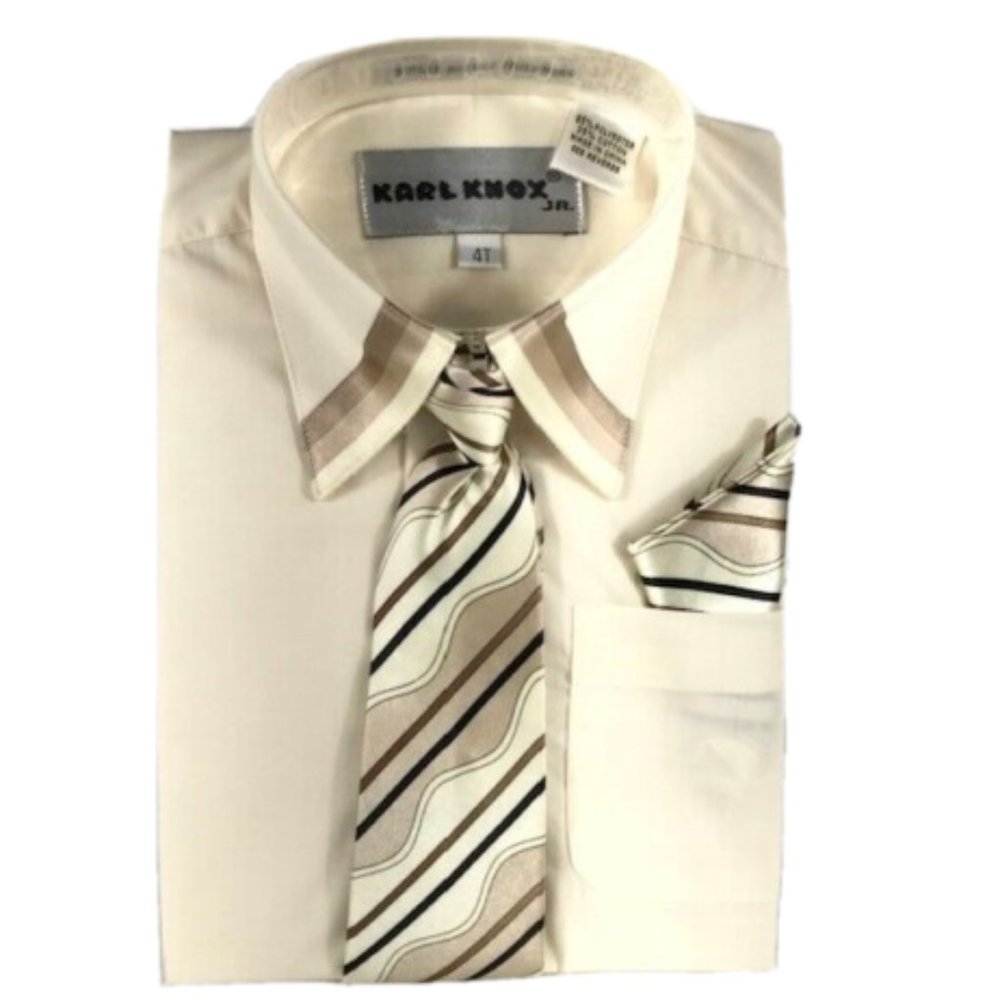 Karl Knox Boys Ivory Dress Shirt Brown Beige Black Tie Hanky Long Sleeve Size 4T